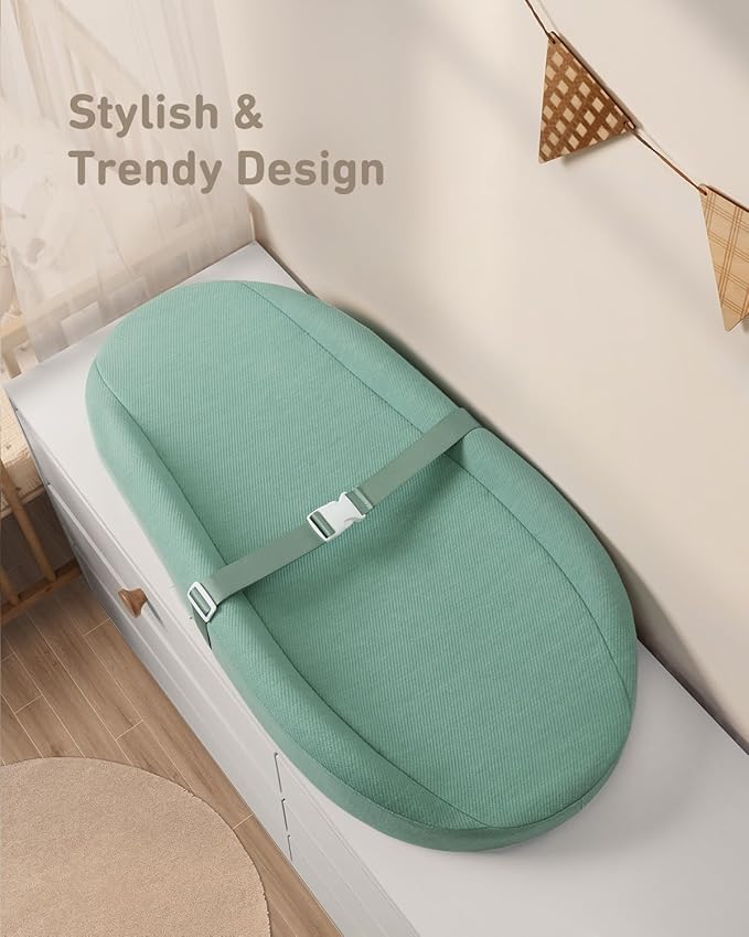 Contoured Changing Pad with Soft & Washable Cover, Waterproof Lining Foam Baby Changing Table Pads for Dresser Top, Secure with Security Strap and Two High Curved Sides, 32?�Ã?6?? Sage Green