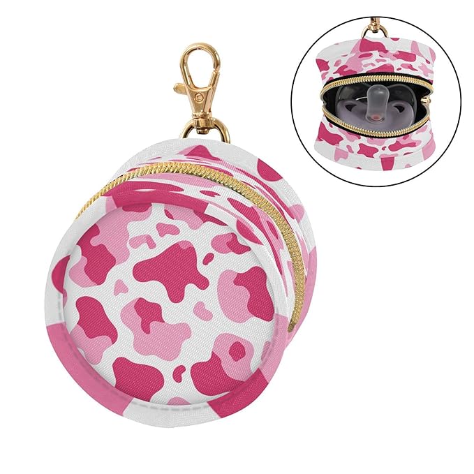 Pacifier Holder with Clip Pacifier Case for Diaper Bag Round Baby Pacifier Pouch Box Bag Portable Pink Cow Print White