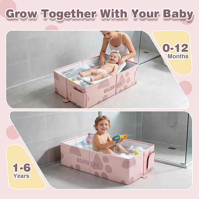 Toddler Bath Tub for Shower, Foldable Baby Bathtub, Portable Kids Bathtub & Collapsible Bathtub for Toddlers 1-8, Infant Newborn, Travel Baby Bath, Bañera para Bebé, Pink