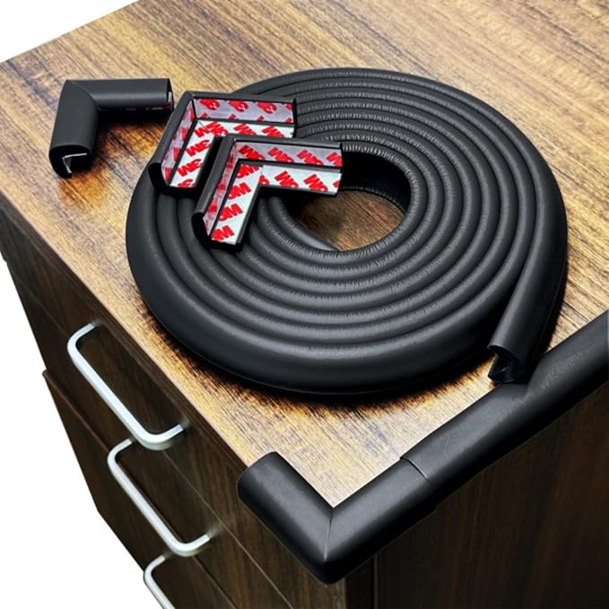 Foam Baby Proof Corners and Edges, Corner Protector Baby(12ft Edge+4corners) Adhesive for Table, Furniture, Cut to Any Size, Easy Install and Remove on Wood Metal Glass