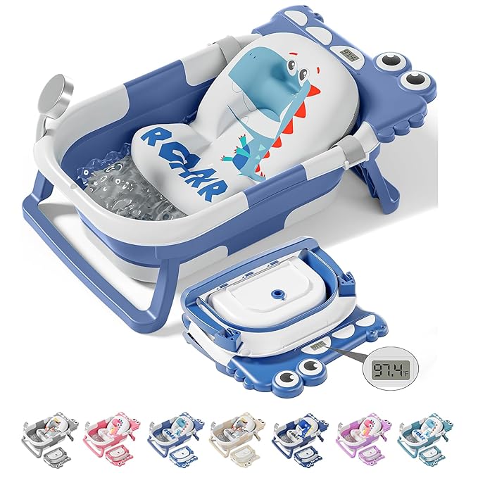 TPN Collapsible Baby Bathtub, Baby Bath Tub with Soft Cushion & Real-Time Thermometer, Baby Bathtub Infant to Toddler Tub (0-36 Months), Portable Travel Baby Tubs for Newborns (Blue)
