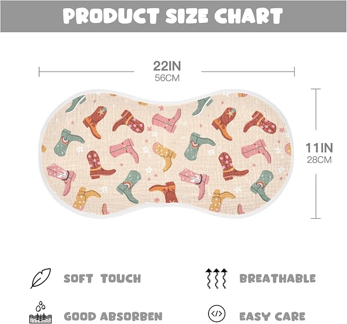 Cowboy Boots Muslin Burp Cloths for Baby Boys and Girls - 1-Pack Ultra Absorbent Muslin Washcloths, Newborn Towel, Milk Spit Up Rags, Burp Cloth Bib for Unisex, 22 x 11 Inch