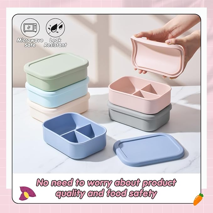 Layhit 6 Pcs Silicone Bento Box for Adults, 27 oz Bento Lunch Container Reusable Food Container for Women Men, Leak Proof Microwave Dishwasher Freezer Safe (3 Compartments,Morandi Colors)