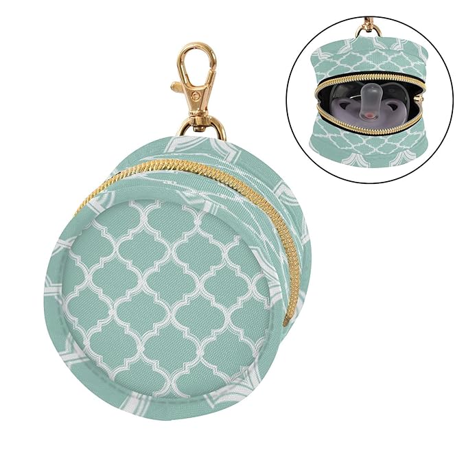 Pacifier Holder with Clip Pacifier Case for Diaper Bag Round Baby Pacifier Pouch Box Bag Portable Mint Green Quatrefoil