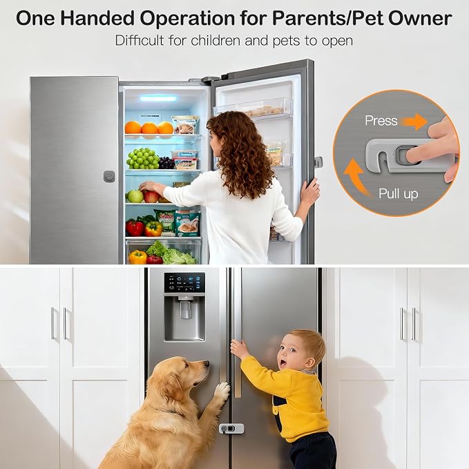 Child Proof Refrigerator Lock for Kids, 2 Pack Baby Safety Fridge Locks for Kids, No Tools Need or Drill Freezer Latch to Keep Door Closed for Residential Garage Fridge or Camper RV Refrigerator, Gray
