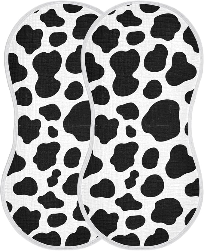 Muslin Burp Cloths for Baby Boys and Girls - 2-Pack Ultra Absorbent Cow Print Muslin Washcloths, Newborn Towel, Milk Spit Up Rags, Burp Cloth Bibs for Unisex, 22 x 11 Inch