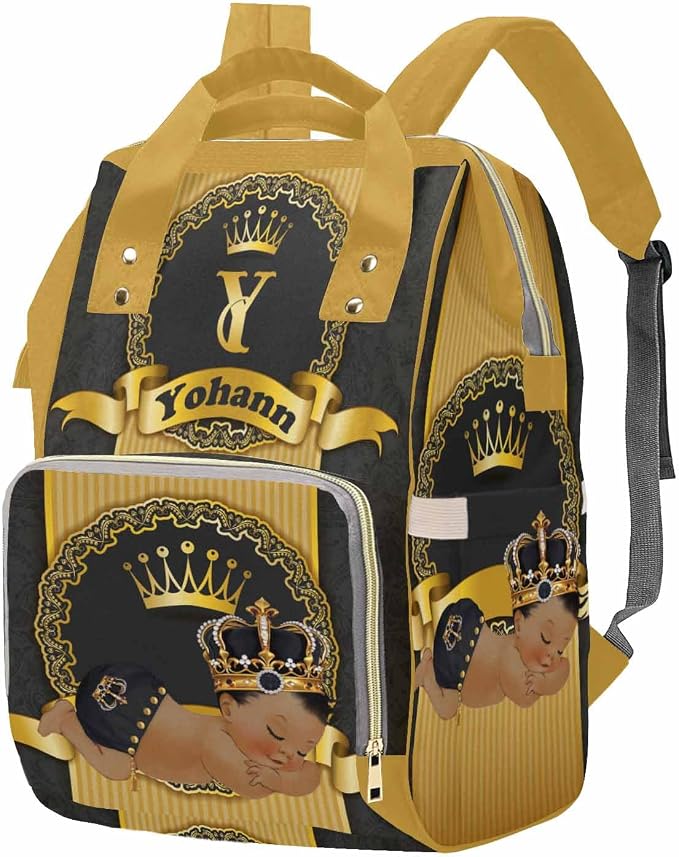 M YESCUSTOM Personalized Baby Diaper Bags for Women Men, Custom Golden Black Prince Backpack Customized Nappy Mommy Bag Backpack for Son Daughter Travel, Camping, Hiking Picnic