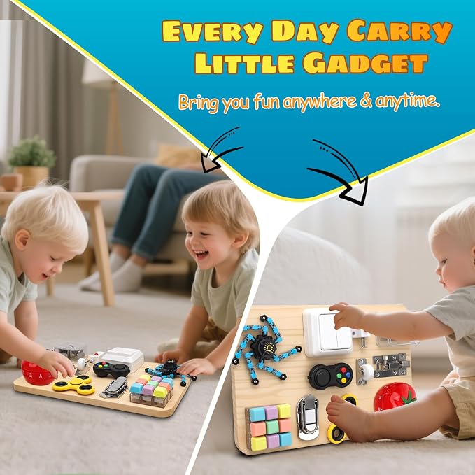 Umnodobn Wooden Montessori Busy Board, Sensory Activity Toy for Toddlers Kids, Fine Motor Skills Development Plaything, Portable Travel Fidget Board for Boys Girls, Educational Focus & Thoughtful