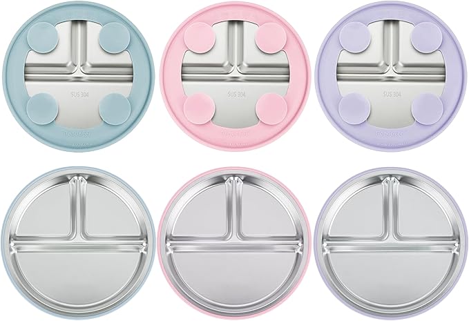 PandaEar 3 Pack Stainless Steel Baby Suction Plates, Divided Toddler Plate for Baby Led Weaning Supplies, Non-Slip Toddler Baby Feeding Set Dishwasher Safe (Pink/Purple/Blue)