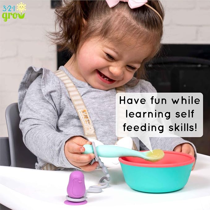 • Easy Learn Baby Spoon & Tether Set • Baby Spoon with Tether for Babies and Toddlers • Keeps Spoon Off Floor • Ages 6 mo+ • Dishwasher Safe (Penguin, Sea Foam)