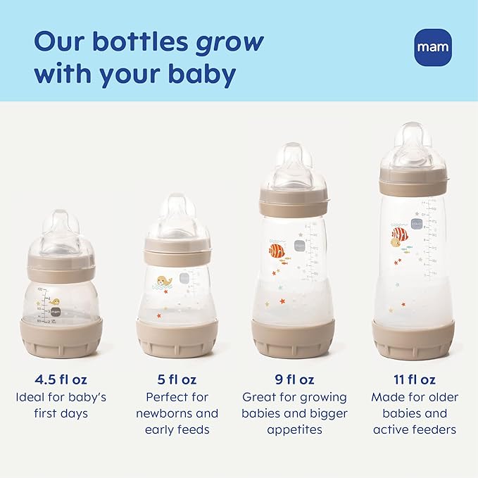 MAM 11oz Easy Start Anti-Colic Wide Neck Baby Bottle, Fast Flow Breastfeeding-Like Nipple, Reduces Colic Gas & Reflux, Easy to Clean, BPA Free, 4+ Months, Made in Europe, 2 Pack, Cotton