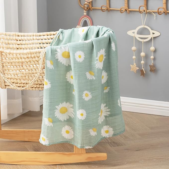 BabyWhale Swaddle Blankets for Baby Girl, 2-Pack Super Soft Viscose Bamboo Cotton Muslin Swaddles Blankets (Large 47" x 47"), Floral & Little Daisy Pattern, Newborn Baby Registry