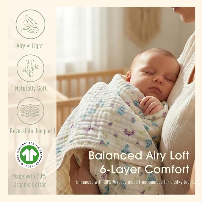 6-Layer Muslin Baby Blanket Made with Organic Cotton - Enchanting Wildflower Floral, Swaddle & Crib Quilt, 43" x 43"(Wildflower Floral)