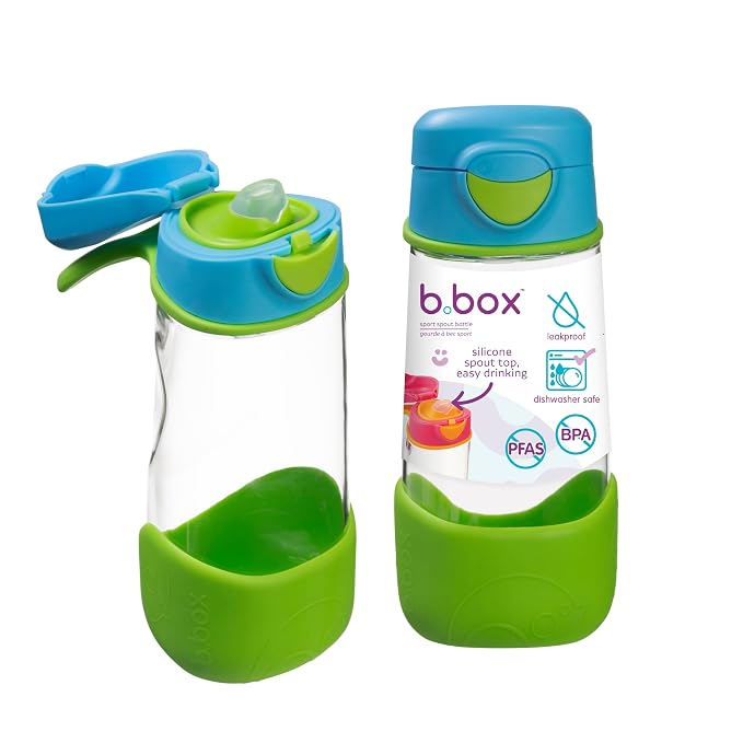 b.box 15oz Sport Spout Kids Water Bottle for School, Sports, Daycare - No-Straw Design for Easy Cleaning - Leakproof - Ergonomic Triangle Grip - Dishwasher Safe, BPA Free, PFAS Free - Ocean Breeze