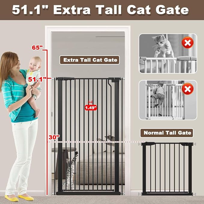 Fairy Baby 51.1" Extra Tall Pet Gates, 48.5"-56.2" Extra Wide Baby Gate for Doorways Hallway Kitchen, Tall Cat Safety Gate Pressure Mounted, Walk Thru Auto Close Metal Dog Gate, Narrow Spacing, Black