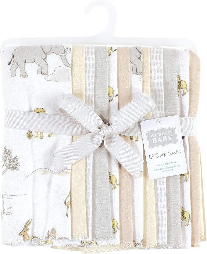 Hudson Baby Unisex Baby Cotton Flannel Burp Cloths Bundle, Neutral Safari World, One Size