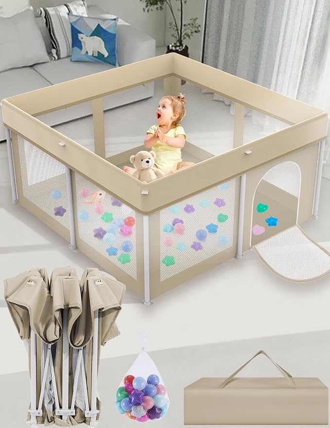 Foldable Playpen 50x50, Foldable Ultra-Portable Baby Playpen, Instantly Deployed in Three Seconds, Safe Baby Playard with Soft Breathable Mesh, Perfect Activity Center for Baby's Play, Beige