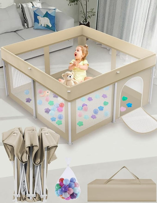 Foldable Playpen 50x50, Foldable Ultra-Portable Baby Playpen, Instantly Deployed in Three Seconds, Safe Baby Playard with Soft Breathable Mesh, Perfect Activity Center for Baby's Play, Beige