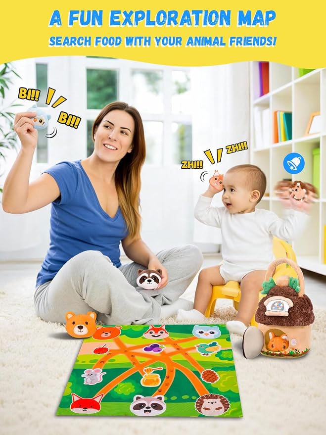 Baby Toys 6-12 Months Forest Animal House with Map Plush Stuffed Animals Rattle Squeaker Montessori Toys for Babies Sensory Infant Toy Toddler Gift 1-3 Year Old