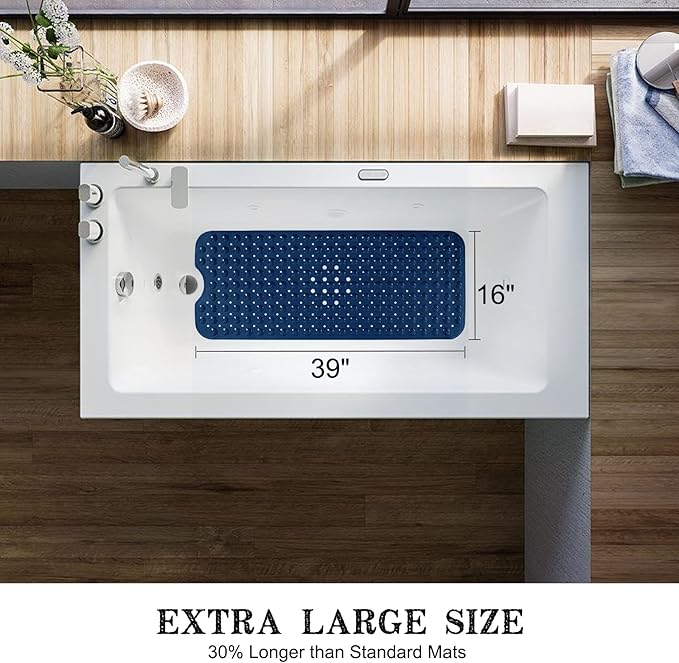Linoows Bathtub and Shower Mats, Extra Long Non-Slip Bath Tub Mat 39 x 16 Inch, Machine Washable Bathmat with Suction Cups & Drain Holes for Bathroom Floor, Navy Blue