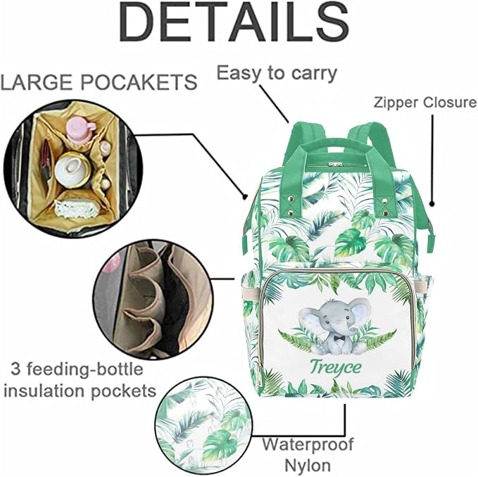 Custom Diaper Bag with Name Personalized Elephant Leaf Nylon Travel Backpack for Holiday Travel Customized Nappy Changing Bag with Pockets for New Mom