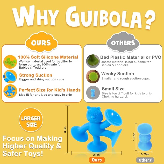 Suction Cup Toys for Toddlers 1??, Guibola 6PCS Silicone Bath Toys, No-Hole Mold-Free Suction Cup Toys for Baby Kids, Sensory Window & Building Toys for Boys Girls, Large Size