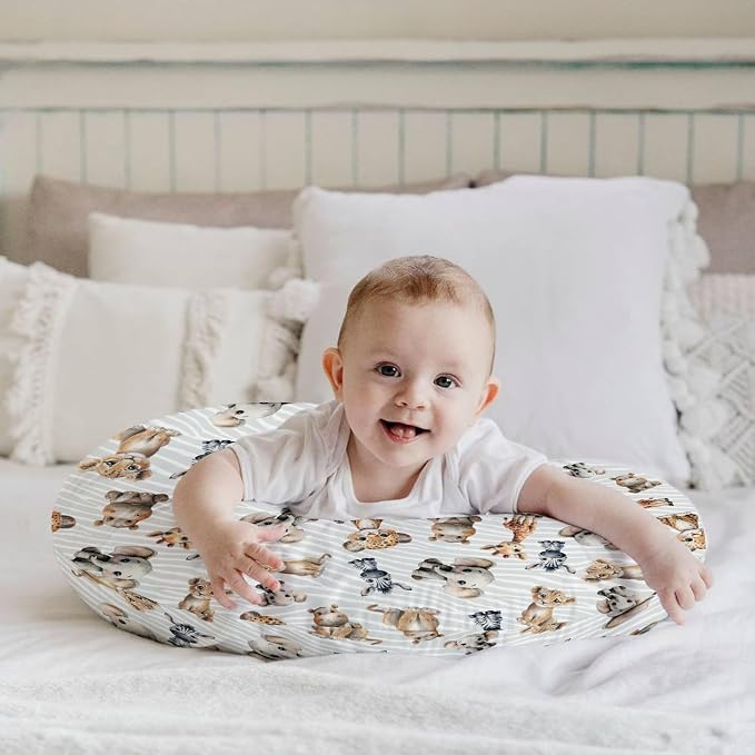 HawSkgFub Safari Jungle African Animal Nursing Pillow Cover for Baby Boy Girl, Elephant Giraffe Lion Leopard Hippo Breastfeeding Pillow Slipcover, Stripe Nursing Pillowcase Newborn Infant, Cover Only