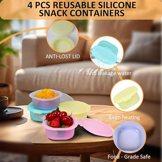4 Pack Reusable Translucent Silicone Snack Containers with attached Lids,Leak-Proof Snack Box Cheese Containers, Egg Poacher Cups for Sqaure Breakfast Egg