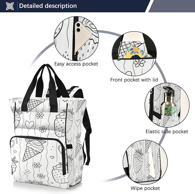 Custom Name Black White Strawberry Diaper Bag Stroller Straps Gift