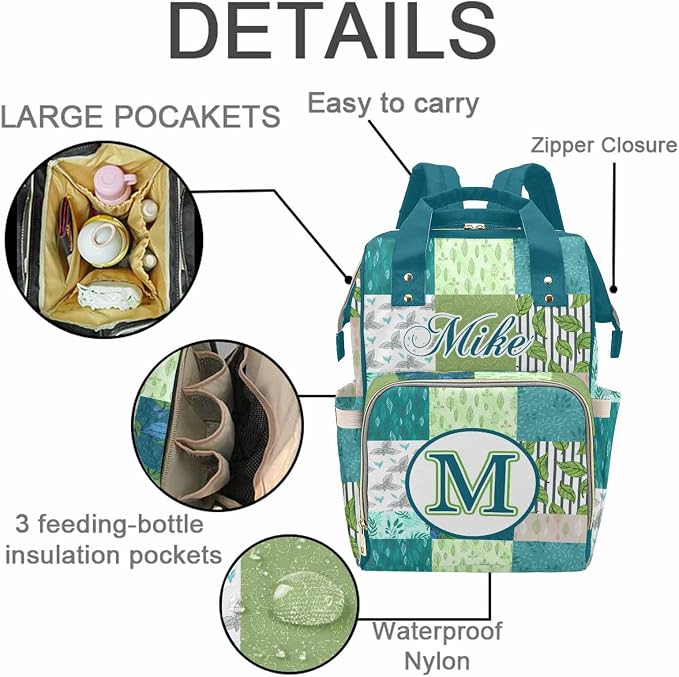 M YESCUSTOM Personalized Diaper Bag Backpack with Name Custom Mommy Nursing Green Plaid Daypack Casual Travel Daypack with Text Waterproof Nappy Bags New Born Gift for Mom Dad Adult