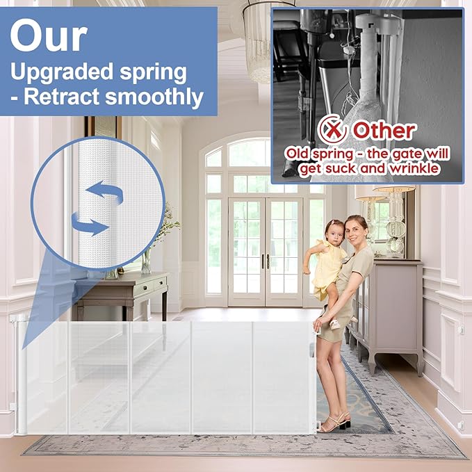 Reinforced 200 Inch Extra Long Dog Gate Indoor 37??Tall Outdoor Retractable Baby Gates for Doorways Extra Wide 16ft Bottom Anti-Crawl Indoor Extra Long Baby Gate Retractable Dog Fence/Barrier, White