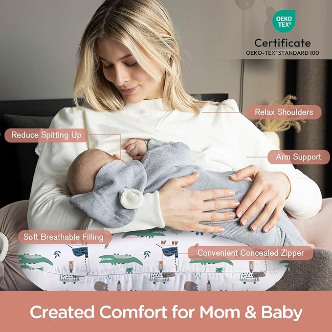 Little Grape Land Nursing Pillow for Infants, Breastfeeding Pillows, Baby Support Pillow for Nursing, Bottle Feeding, Tummy Time with Machine Washable Cover & Breathable Filling, Alligator