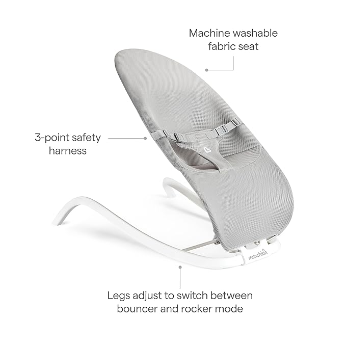 Munchkin Spring Baby Bouncer and Rocker Seat, Lightweight 2-in-1 Design, Travel Essential for Newborn, 3 Recline Positions, Grey
