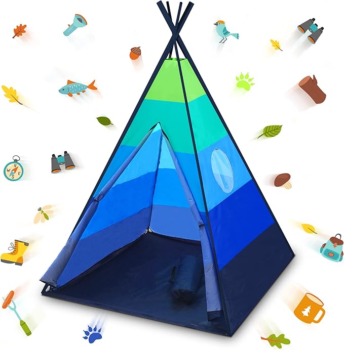 USA Toyz Happy Hut Teepee Tent for Kids - Indoor Pop Up Teepee Kids Playhouse Tents for Boys, Girls, Toddlers with Portable Storage Bag (Blue)