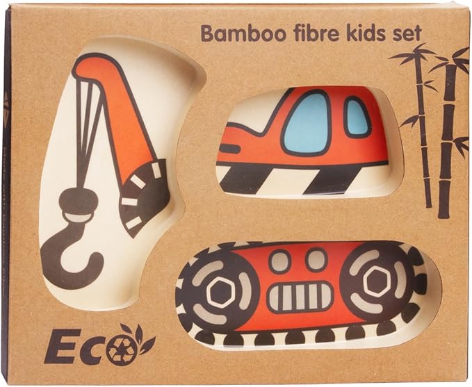 Kids Plate Set - 3-Piece Toddler Dinnerware with Divided Plates & Portion Control - Includes Fork & Spoon (Hook truck)