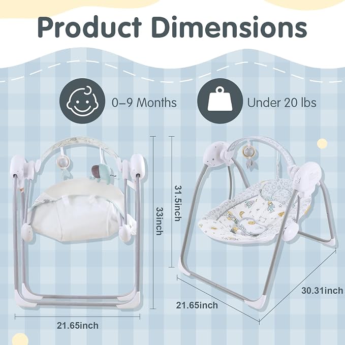 Baby Swings for Infants, Portable Baby Swing with Music, 5 Speed Levels, Timer, Infant Swing for Indoor Outdoor Use, 0-9 Months Up to 20 lbs