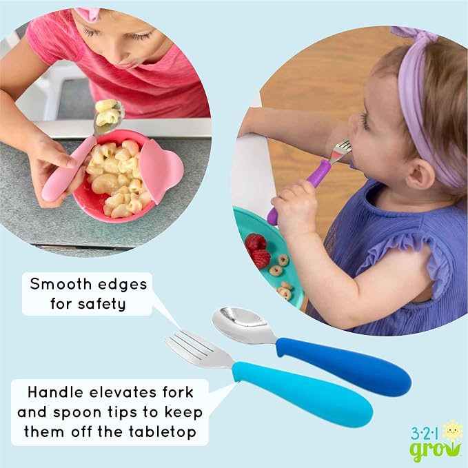 Eat with Me Spoon and Fork Set – Toddler Utensils with Easy-Grip Silicone Handles – Kid-Sized & Safe Stainless Silverware – Promotes Independent Eating – Dishwasher Safe (Grape)
