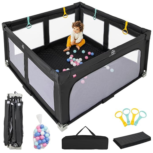 INFANS Foldable Baby Playpen with Mat, 59??x 59??Large Baby Play Yard for Infant with 50 Ocean Balls, 4 Handlers, Carry Bag, Indoor Outdoor Fence Toddler Activity Center (Black, 59??x 59??