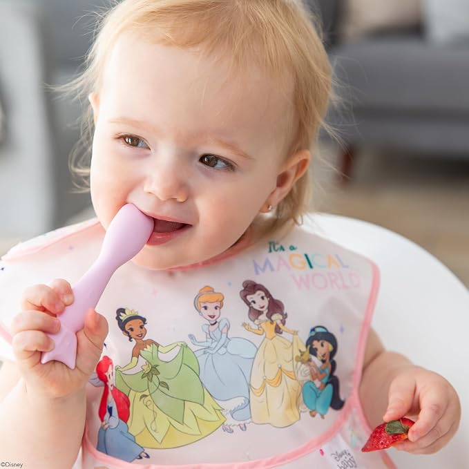 Bumkins Disney Baby and Toddler Plate and Spoon Set, Silicone Dish for Babies and Kids, Baby Led Weaning, Children Feeding Supplies, Microwave Safe, Platinum Silicone, Ages 6 Months Up, Princess