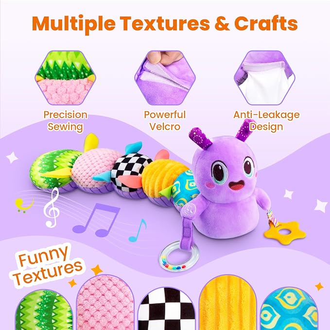 Musical Caterpillar Baby Sensory Toy for Infant Development 0-12 Months – Newborn Bath, Car Seat, Stroller & Bassinet Activity Toy & Gift – Tummy Time Crawler & Teether(Purple)