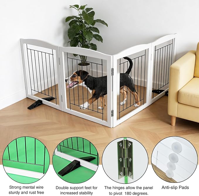 Dog Fence Indoor,Dog Gate Indoor for Doorway pet gate -4-Panel Freestanding, Hallways, House or Stairs -80x32-Inch Retractable Foldable Expandable Wood Pet by SFJC (White)