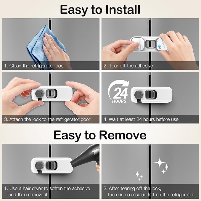 Fridge Locks for Kids with Strong Adhesive, 2 Pack Pet&Child Proof Refrigerator Lock for Kids to Keep Door Closed, Freezer Lock for RV Refrigerator, Garage Fridge, Upright Freezer, Mini Fridge, White