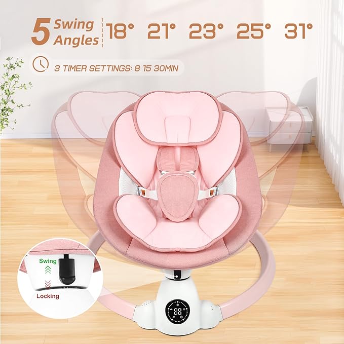 Uuoeebb Baby Swing for Infants, Portable Electric Baby Swings with Bluetooth, 5 Swing Speed, 10 Melodies, 5-Point Harness, Remote Control & Touch Panel - Infant Swing for Indoor & Outdoor Use, Pink