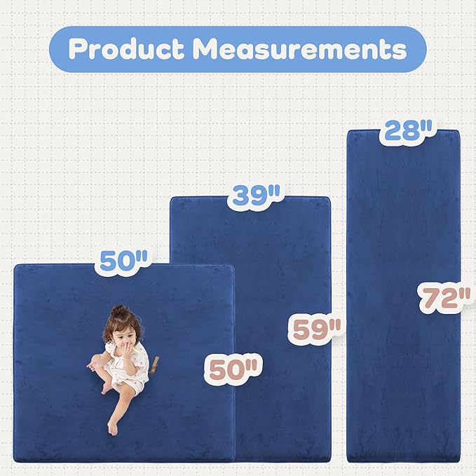 1.3" Thick Baby Floor Play Mat 50x50, Basic Padded Foam Mat for Tummy Time Crawling, Non Slip Cushioned for Babies Toddlers Infants Kids (Blue)
