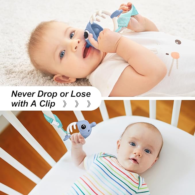 Baby Teething Toys 0-6 Months, Mombella Clownfish Teething Toys 6-12 Months, Baby Teether Toys with No Drop Strap, Silicone Baby Teething Relief Chew Toy, Easy to Hold for Infant, BPA Free, Blue