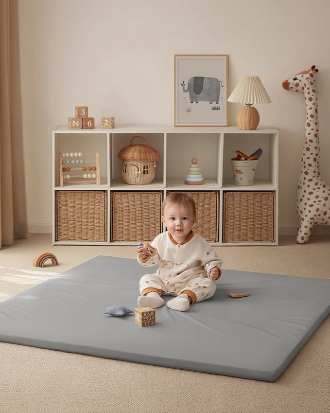 Blissful Diary Vegan Leather Baby Play Mat, 50x50 Thicken Foam Cushioned & Waterproof Playpen Mat for Infants and Toddlers, Stylish and Just Wipe-Clean Playmat for Baby Play on Floor, Light Gray