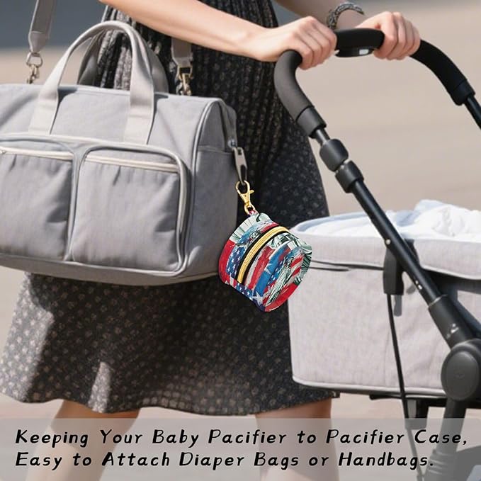 Pacifier Holder with Clip Pacifier Case for Diaper Bag Round Baby Pacifier Pouch Box Bag Portable Statue of Liberty and Patriotic Flag Dove