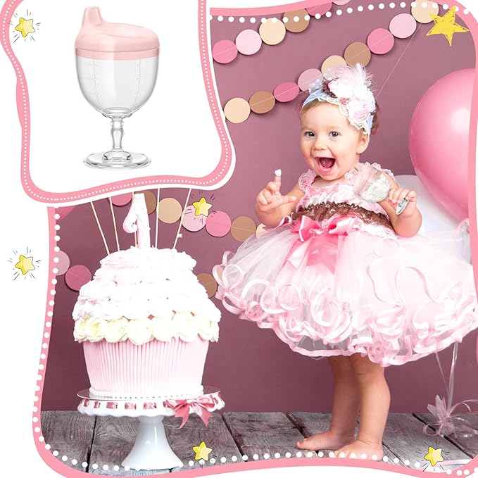 Irenare 1 Pcs Baby Wine Sippy Cup Plastic Goblet Cup No Spill Wine Glass Baby Sippy Goblet Glass Beverage Mug Milk Bottle with Lid for Kids (Pink)