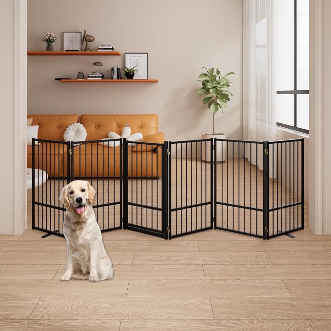 6 Panels Full Metal Freestanding Dog Gates with Door, 120” W x 36” H Folding Pet Gate Fence with Support Feet for Indoor,Stairs, Hallways and Doorways(Black)