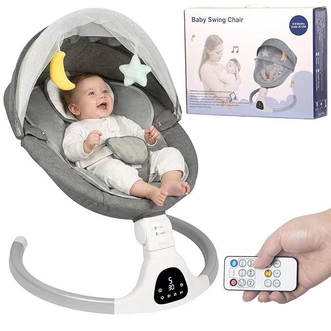 JFOVMCYG Electric Baby Swing for Infants 0-9 Months, Portable Infant Swing with 5 Swing Speeds, Bluetooth Audio, Remote Control, Washable Seat Cover, Gray, Up to 20 lbs